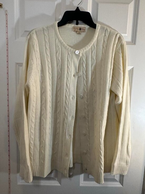 Turtle Bay Sweaters - Turtle Bay Ivory Cream Cable Knit Button Front Cardigan Sweater L